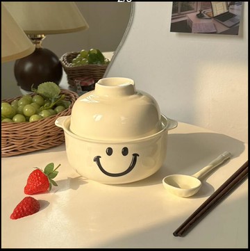 泡面碗學生面碗有蓋方便面帶勺碗雙耳防燙碗陶瓷【步行者戶外生活館】