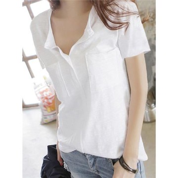 夏季新款竹節棉純色短袖t恤女v領薄款時尚寬松白色百搭半袖體恤潮