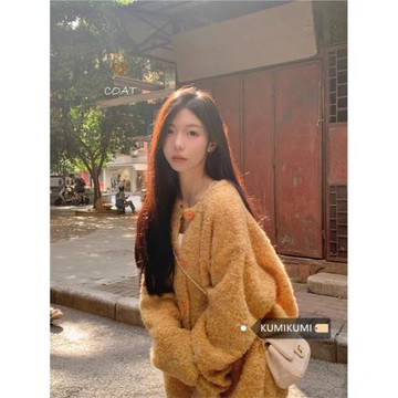 黃色奶fufu軟糯毛衣外套女秋冬季顯瘦外穿慵懶風長袖針織開衫上衣
