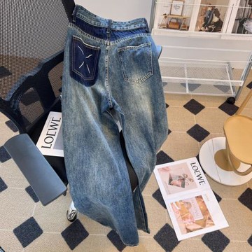 九分褲+長褲潮牌口袋高腰直筒牛仔褲女小個子夏季新款寬松闊腿褲