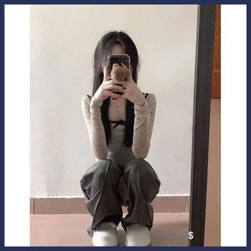 WYZ杏色波點長袖t恤女秋季新款設計感一字肩細肩帶上衣兩件式