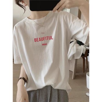 歐貨白色純棉圓領夏季短袖t恤女寬松顯瘦美式2026新款慵懶風上衣