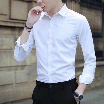 夏季長袖襯衫男純色韓版潮流修身白襯衫商務上班職業大碼薄款襯衣