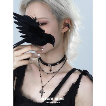 渡鴉系列原創小眾設計皮項圈疊帶高級雙層十字架項鏈烏鴉chocker