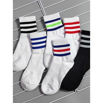 5雙 男士中筒純棉三條杠學生運動白襪 黑白束腰耐磨吸汗條紋襪