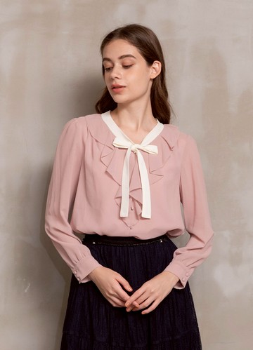 *別緻柔彩配色綁帶領雪紡上衣