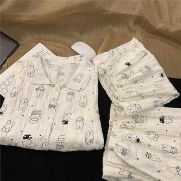 卡通米菲兔棉綢紗布三件套睡衣夏季短袖薄款休閑寬松可外穿家居服
