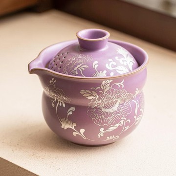 快速出貨 臺灣現貨陶瓷手抓壺描銀畝單釘相紫福祿查壺蓋碗查卑高檔防燙帶過濾泡查碗