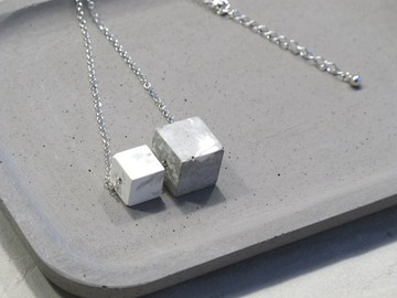 簡約 925 純銀項鏈 - 大理石紋水泥立方