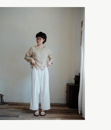 純棉白色花邊拼接直筒褲