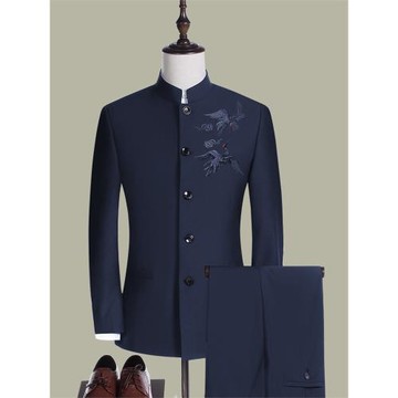 深藍色刺繡唐裝表演出服中國風結婚禮服中華立領中山裝學生服套裝