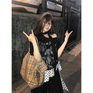 TUDOU土豆貓韓系波點斜肩短袖t恤女寬松顯瘦2026新款夏季露肩上衣