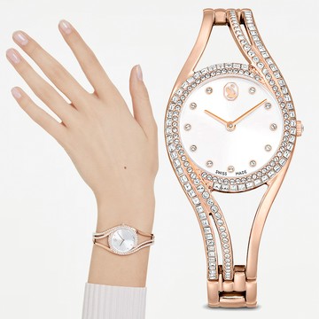 SWAROVSKI 施華洛世奇 Hyperbola 優雅曲線手鐲式手錶 女錶-玫瑰金/28mm 5715465