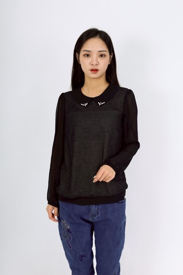 (XS（含）以下) perng yuh秋冬透膚點鑽藍色長袖上衣