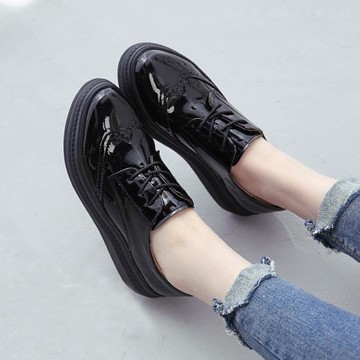 歐洲站2025新款英倫布洛克女鞋黑色小皮鞋圓頭系帶真皮松糕厚底鞋