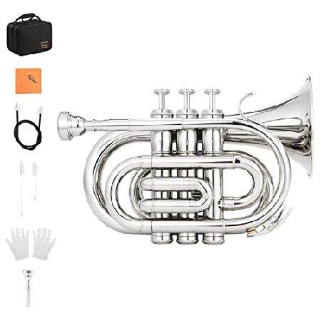 Eastar Pocket Trumpet B Flat for Beginners Students, Brass Mouthpiece 7C, Cleaning Kit, Hard Case, Gloves, Nickel ETR-330N,