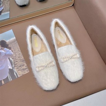 設計感晚風白色毛毛鞋女外穿保暖棉鞋一腳蹬加絨豆豆鞋女平底單鞋
