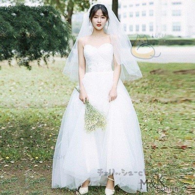 ウエディングドレス aライン 二次会 袖あり 白 ロングドレス 花嫁