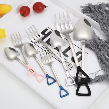 創意鐵鍬勺子 304不銹鋼叉子日式復古餐廳家用咖啡勺子可愛水果叉