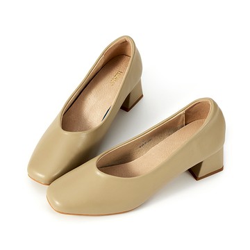 通勤必備全真皮素面方頭粗跟鞋 橄欖綠