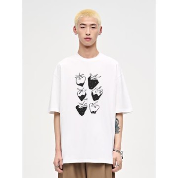 山小川潮牌草莓印花短袖T恤男基礎百搭款男生寬松純棉情侶衣服潮