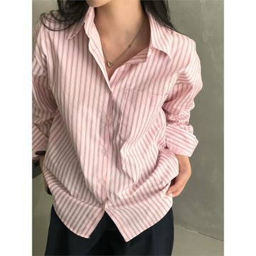 韓國chic早春法式復古單排扣翻領長袖條紋襯衫女寬松休閑打底上衣