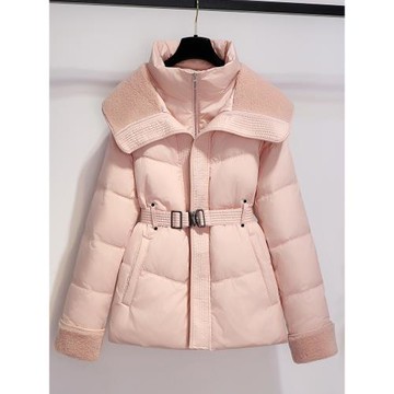 粉色海軍娃娃領收腰羽絨服女冬羊羔毛拼接保暖輕薄泡芙小香風外套