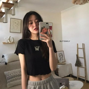 【小個子】145cm 小個子女裝 高腰露臍短款t恤女 短板上衣 圓領上衣 夏季T恤 修身顯瘦 百搭蝴蝶刺繡短袖上衣女