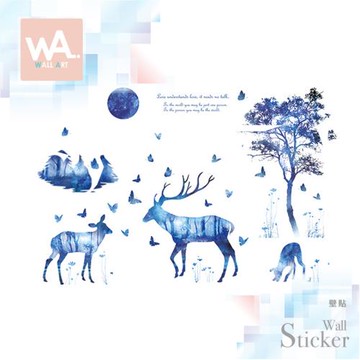 【WA Wall Art】無痕設計時尚壁貼 藍色 迷幻森林 小鹿 蝴蝶 水彩 秘境 不傷牆 自黏防水貼紙 92065