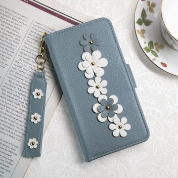 Aguchi 亞古奇 Apple iPhone 16e/16/16 Plus/16 Pro/16 Pro Max 花語 鉚釘立體花朵手機皮套 頂級柔軟皮革 附皮質璀璨吊飾 - 蔚藍