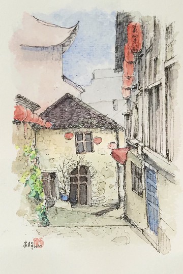 漁村風光/水彩手繪原作/含框