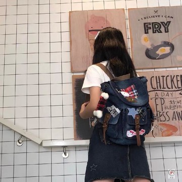 ✨ 卿選好物 ✨美式復古初高中大容量書包牛仔帆布雙肩包包女可愛貓校園學生揹包
