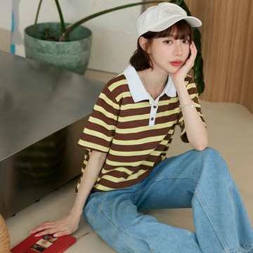 OB嚴選中大尺碼-純棉撞色條紋POLO領短袖上衣《AB20517》