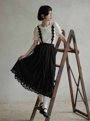 黑色 立體花花半身裙 肩帶可調節 全棉暗紋提花裙子