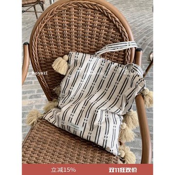 【小優家包包】HOYOZI原創 慵懶假日 亞麻棉流蘇托特帆布包包女夏