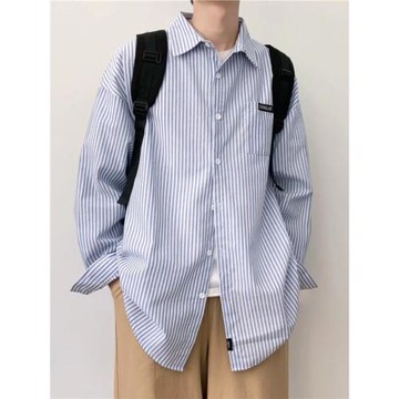 條紋長袖襯衫男春秋日系cityboy休閑襯衣潮牌ins痞帥寬松百搭外套