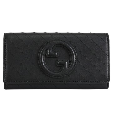 GUCCI 760302 Blondie 雙G LOGO車線翻蓋釦式長夾.黑