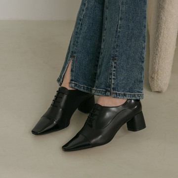 拼接皮質-方頭繩帶粗跟鞋-黑色