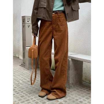 ROUJE SUNG燈芯絨闊腿褲子女2024棕咖焦糖色美拉德穿搭暖色直筒褲