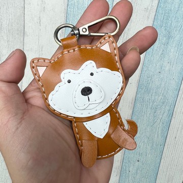 療癒小物 手工皮革 茶色 秋田犬 狗 純手工縫製 鑰匙扣 小尺寸