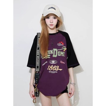 短袖t恤女2025新款夏季美式復古圓領寬松時尚撞色半袖夏天上衣潮