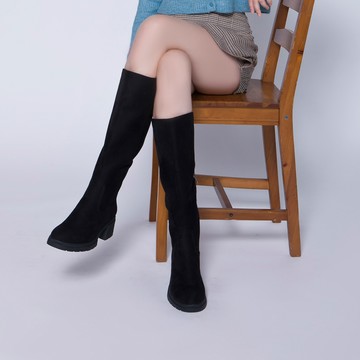 小時光 百搭素面鋸齒厚底長靴 黑反絨 (7A3109)