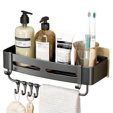 超級工廠 浴室置衣架 四方架帶桿帶勾 無痕貼片款 經典黑 免釘安裝  不適用  1個