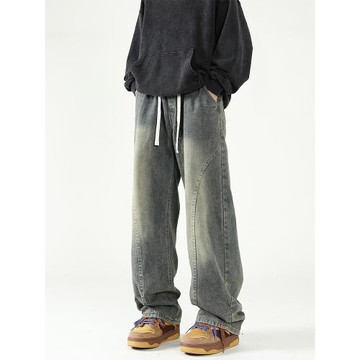 高街美式牛仔褲男冬潮牌拼接復古水洗做舊直筒褲百搭休閑闊腿褲子