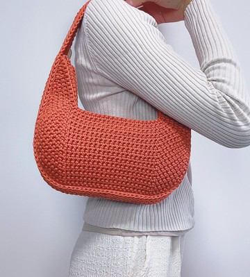 手工鉤織Juno腋下半月包手袋單肩包橙紅色針織鈎織編織手作袋