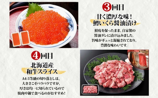 ■定期便■ 1585. 海鮮＆肉 頒布会 全4回 黒毛和牛 ズワイガニ足 1kg サイコロステーキ 400g 鱒いくら醤油漬け 100g×2個  スライス 500g 蟹 かに カニ 肉 お肉 牛 和牛 定期便 送料無料 60000円 北海道 弟子屈町