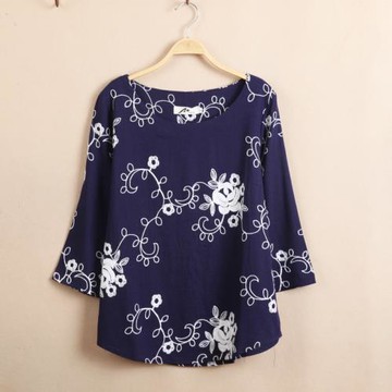 100%純棉民族風刺繡花七分袖春夏新款t恤寬松大碼女裝上衣打底衫