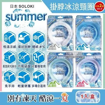 (2盒任選超值組)日本SOLOKI-可重複使用體感降溫約8度保冷掛脖冰涼頸圈1入/盒(大人小孩通用,免手持無結露涼感環)