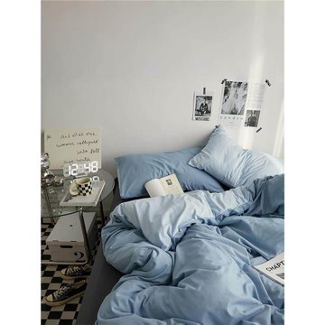 ins純色雙拼全棉床上四件套純棉磨毛撞色宿舍床單被套床笠三件套4