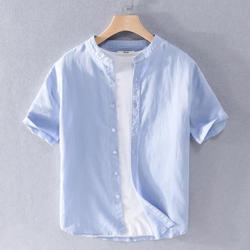 夏季男裝亞麻休閑短袖襯衫寬松立領棉麻小清新文藝小眾通勤襯衣男